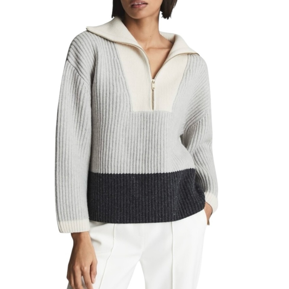 Reiss Jackie Wool Blend Quarter Zip Ribbed Color Block Sweater Grey Size Medium